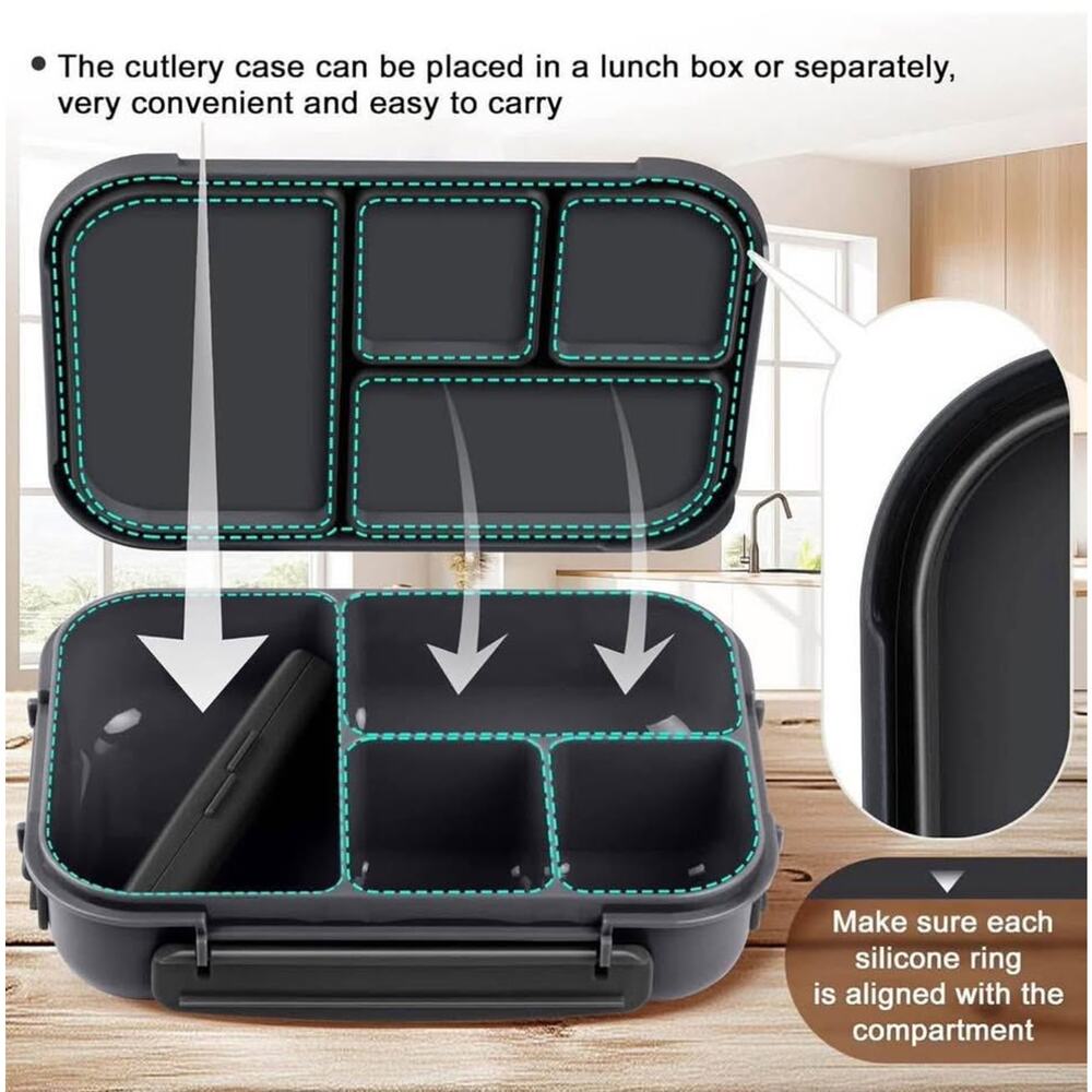NIB: Bento Box: Leakproof Lunch‎ Containers w utensils (dark gray) - Picture 2 of 7